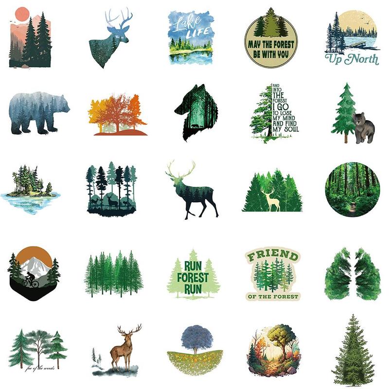 Forest Pattern Sticker, 50pcs set Self Adhesive Decor Sticker for DIY Gift Greeting Card Water Bottle Laptop Phone Case Scrapbook