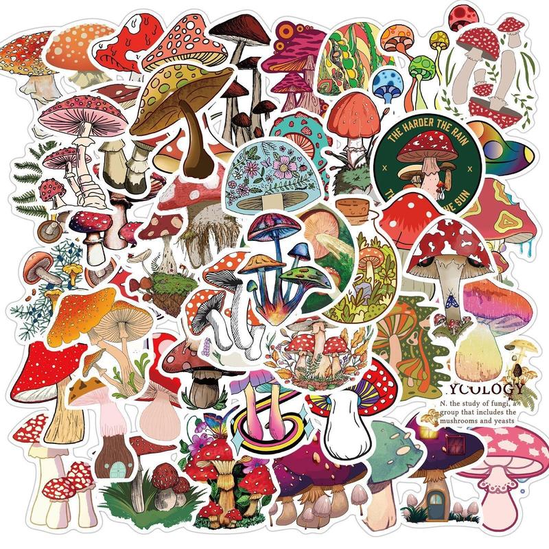 Waterproof Decorative Stickers, 50pcs Cartoon Mushroom Series Graffiti Stickers For Laptop, Water Bottles, Computer, Phone, DIY Decoration, Self-adhesive Naughty Stickers