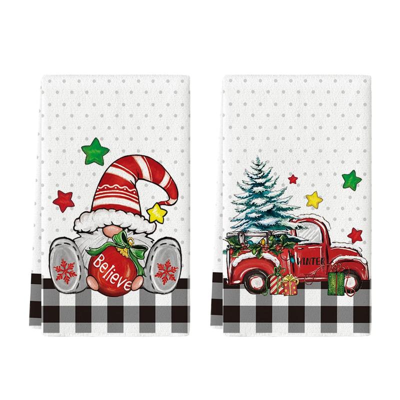 Buffalo Plaid Gnome Truck Christmas Kitchen Towels Dish Towels, 18x26 Inch Star Xmas Tree Believe Winter Decoration Hand Towels Set of 2