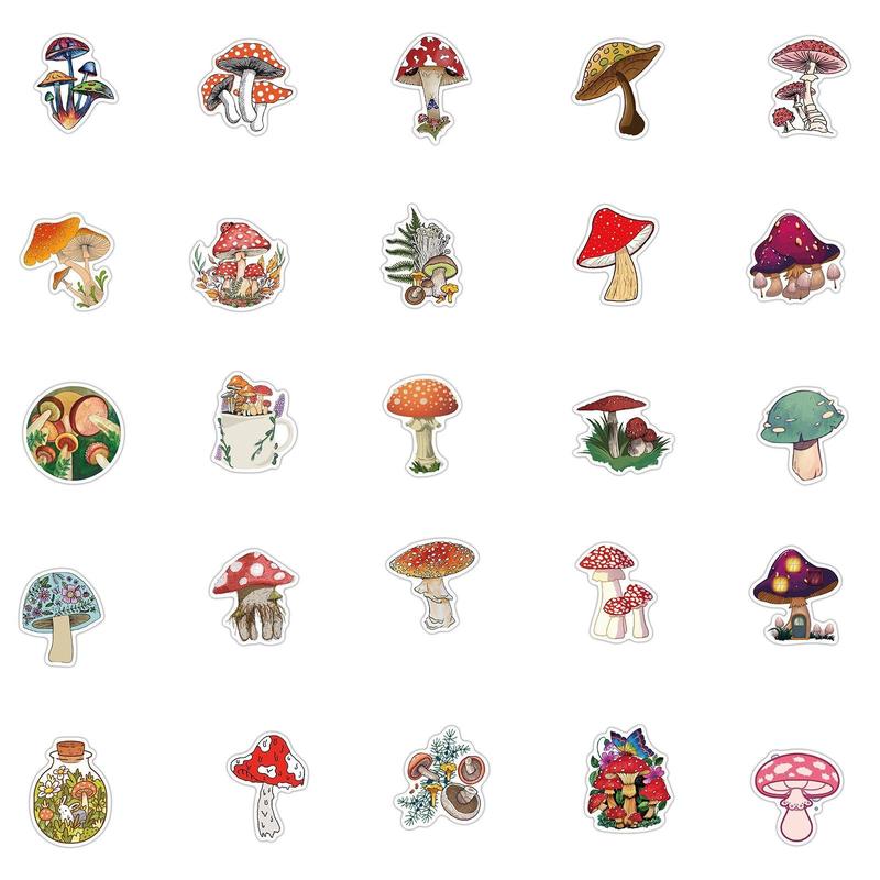 Waterproof Decorative Stickers, 50pcs Cartoon Mushroom Series Graffiti Stickers For Laptop, Water Bottles, Computer, Phone, DIY Decoration, Self-adhesive Naughty Stickers