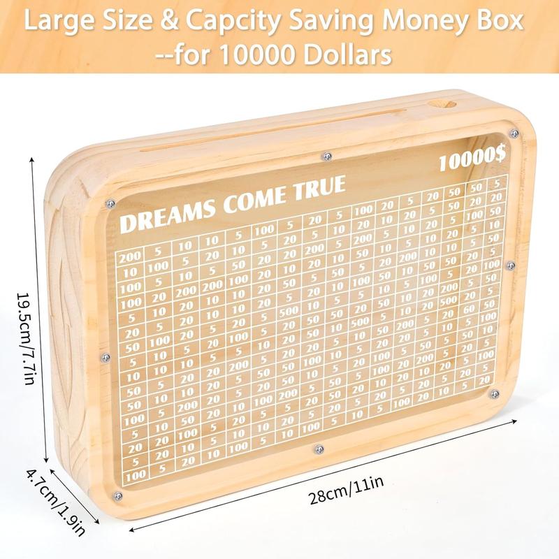 Wooden Money Saving Box, 10000 Savings Challenge Box, Piggy Bank for Adults , Cash Vault Money Box-10000 Dollars Target