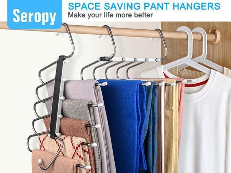 2 Pack Stainless Steel Non-Slip Pants Hangers, 5 Layers for Closet Organization, Multifunctional Pants Rack for Trouser, Scarf, Skirt