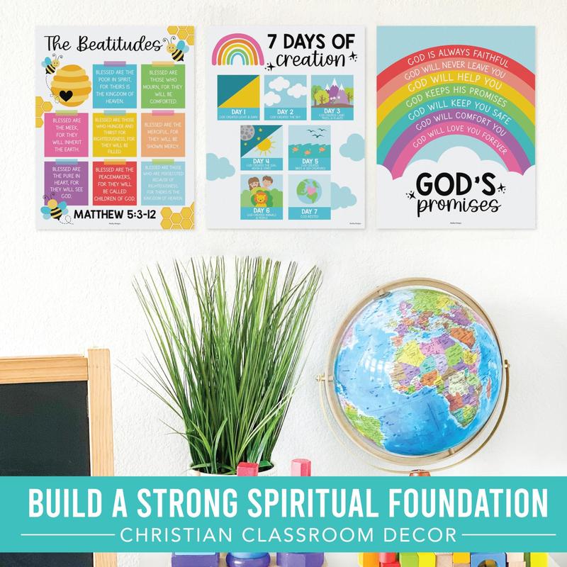 9 Colorful Sunday School Decorations For Classroom - Sunday School Posters, Christian Posters, Christian Classroom Decor, Books Of The Bible Poster, 10 Commandments For Kids, Bible Timeline Chart