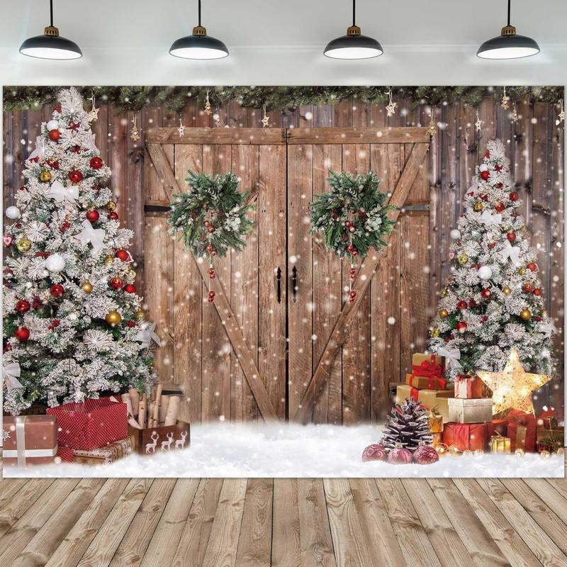 Polyester Fabric Winter Rustic Barn Wood Door Photography Backdrop Tree Snow Background Banner for Family Holiday Party Decoration Supplies 7x5FT