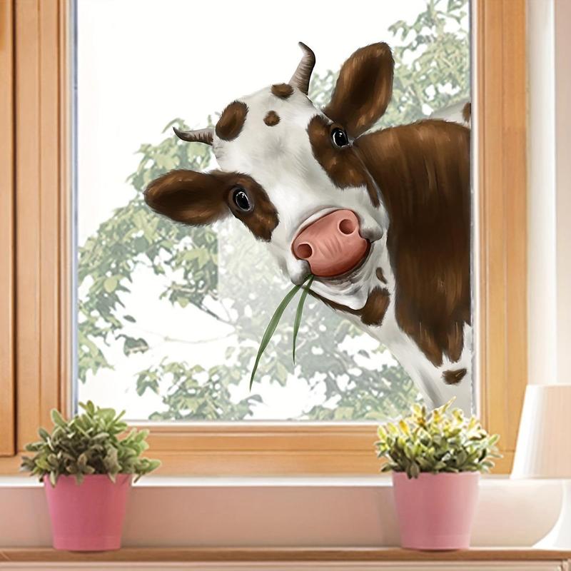 Cute Cow Pattern Window Sticker Ornaments, 1 Count Wall Tiles Sticker, Double-sided Self-adhesive Decorative Sticker for Home Kitchen Living Room