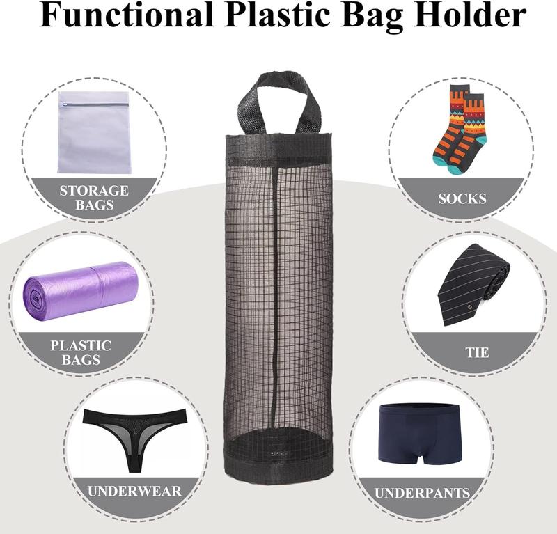 Plastic Bag Holder, Grocery Bag Holder Mesh Hanging Storage Bag Dispenser (Black 2 Packs) Organiser Hangable