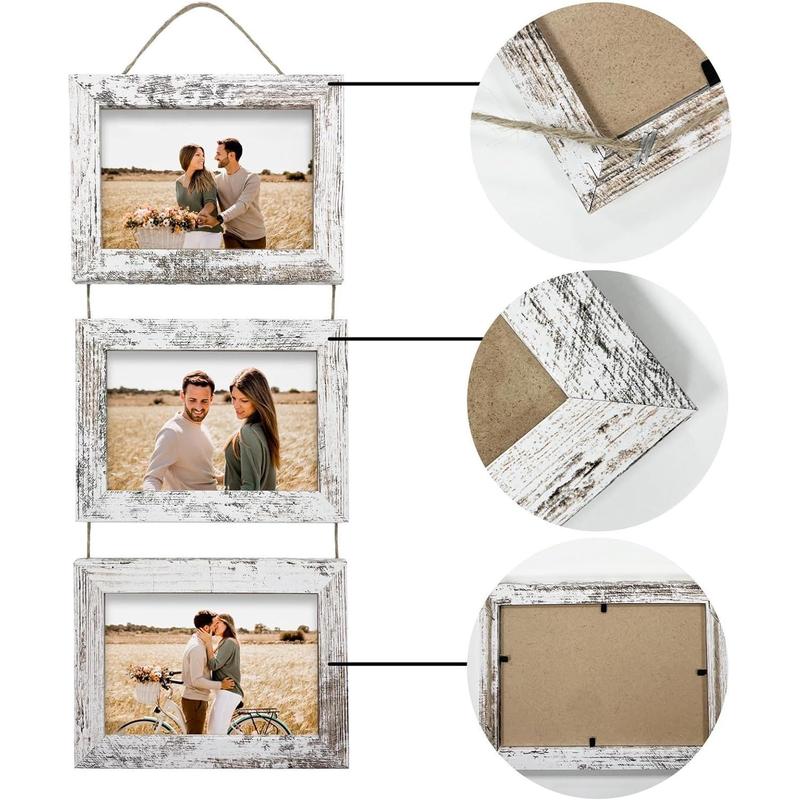 4x6 Wall Hanging Picture Frames Collage with 3 Opening Distressed White Frames