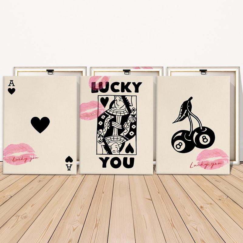 Wooden Framed Canvas Painting, 3 Counts set Lucky Card Pattern Wall Art, Fashion Art Wall Decor, Home Decoration Canvas Art Poster for Living Room, Bedroom, Wall Art Painting Room Decor, Christmas 2024 Ornament, Christmas Gift Ideas, Fine Art Wall Decor