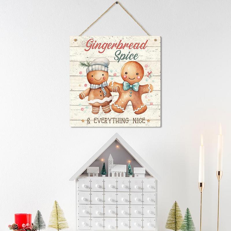 Gingerbread Spice Pattern Wooden Hanging Sign, 1 Count Cute Cartoon Pattern Wall Art Decoration, Wall Decor for Home Living Room Cafe Coffee Shop