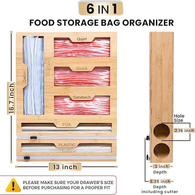 Bamboo Storage Bag Organizer for Drawer - 6 in 1 Foil and Plastic Wrap Organizer with Cutter, Plastic Bag Organizer for Drawer suitable as Gallon, Quart, Sandwich Bag Organizer and Wrapping Papers.