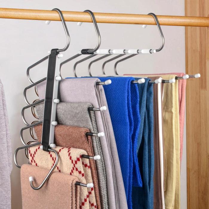 2 Pack Stainless Steel Non-Slip Pants Hangers, 5 Layers for Closet Organization, Multifunctional Pants Rack for Trouser, Scarf, Skirt