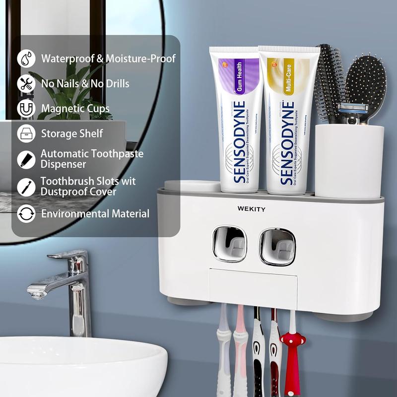 Holder Wall Mounted, WEKITY Multi-Functional  and Toothpaste Dispenser for Bathroom, with 5  Slots, 2 Toothpaste Squeezers and 4 Cups(Grey)