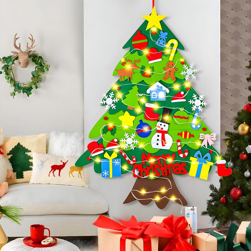 DIY Felt Christmas Tree Set 3.3 Ft with 32 Pieces Felt Christmas Tree Set with String Lights,Wall Christmas Tree, Decoration Ornaments Decor