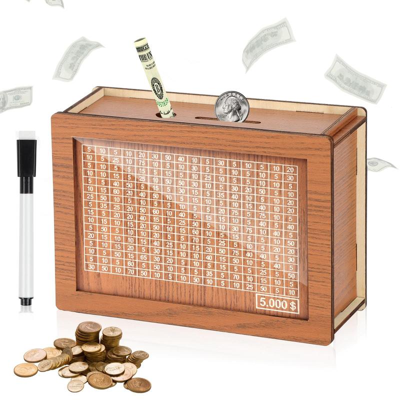 Cash Vault Wooden Savings Box, 2024 New Wooden Cash Saver Money Box, Cash Saver Box, Coin Counter Piggy Bank, Money Box with Counter, Wooden Money Box with Money Target and Numbers($5000)