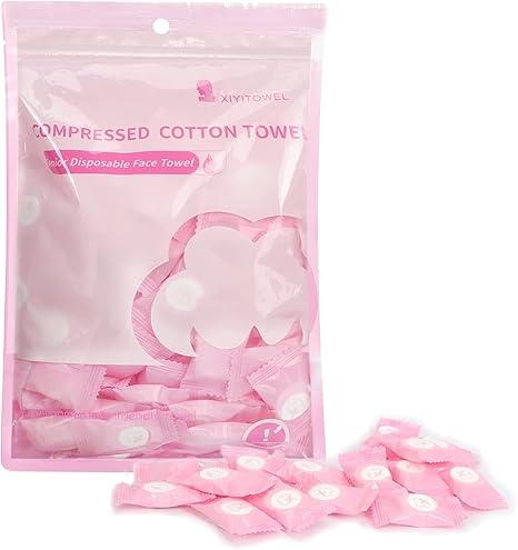 Compressed Towel 100 PCS Mini Tablets Disposable Portable Face Towel Cotton Coin Tissue for Travel, Camping, Hiking, Sport, Beauty Salon, Home Hand Wipes and Other Outdoor Activities Pink Kitchen Lightweight