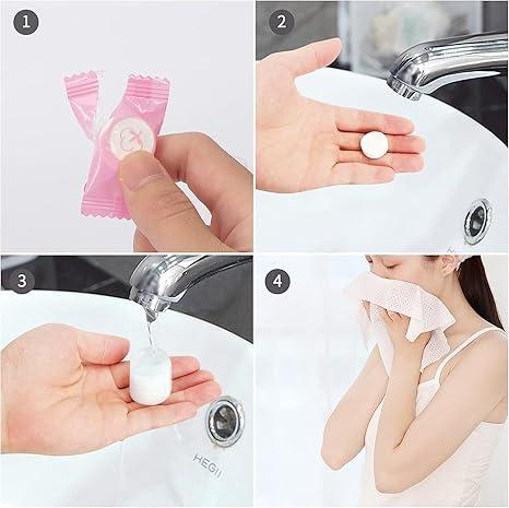 Compressed Towel 100 PCS Mini Tablets Disposable Portable Face Towel Cotton Coin Tissue for Travel, Camping, Hiking, Sport, Beauty Salon, Home Hand Wipes and Other Outdoor Activities Pink Kitchen Lightweight