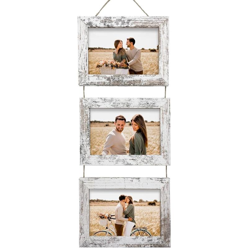 4x6 Wall Hanging Picture Frames Collage with 3 Opening Distressed White Frames