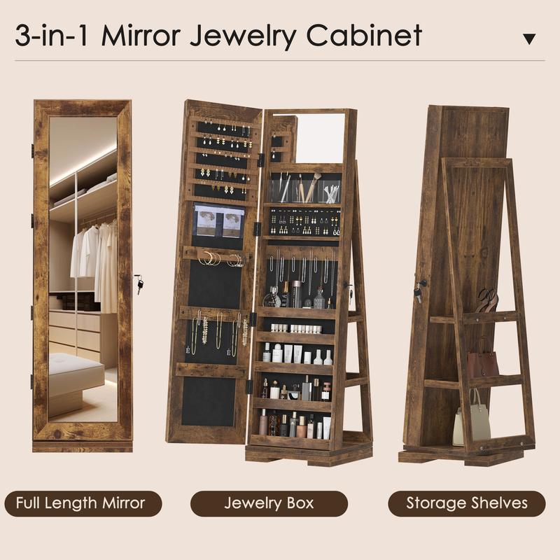 Mirror Jewelry Cabinet, 360° Rotating Full Length Mirror with Storage Standing Mirror with Jewelry Storage, Jewelry Holder Organizer Makeup Storage with Lock for Girls, 63