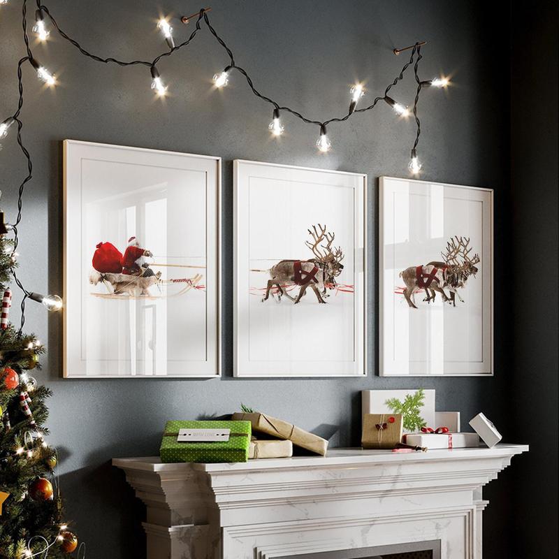 Christmas Theme Wall Art, 3 Counts set Frameless Santa Sleigh Print, Wall Decor for Home Living Room Bedroom Office Home Decor