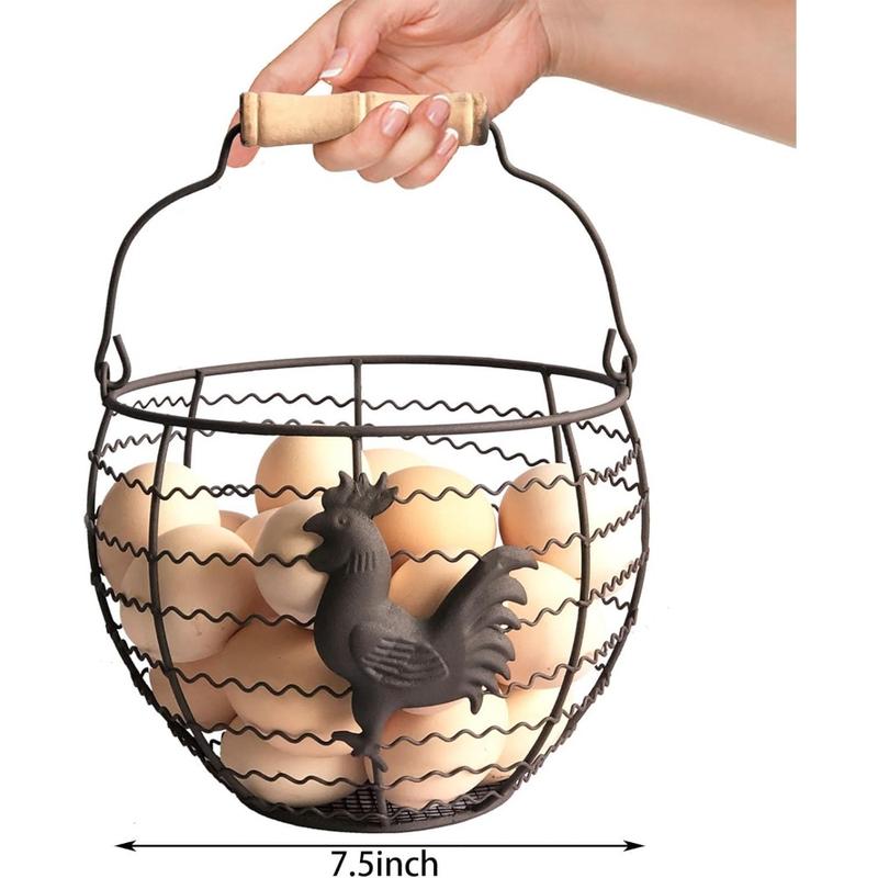 Wire Egg Basket for Gathering Fresh Eggs Collecting Basket with Handle,Rusty Chicken Decorated Small Chicken Egg Basket Vintage Style Eggs Holder Basket Countertop for Farmhouse Kitchen Decor