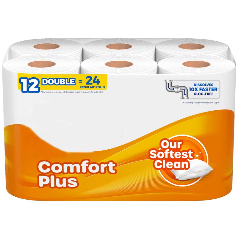 ComfortPlus Toilet Paper, 12 Double Rolls, 231 Sheets per Roll, Septic-Safe, 1-Ply Toilet Tissue Wipes