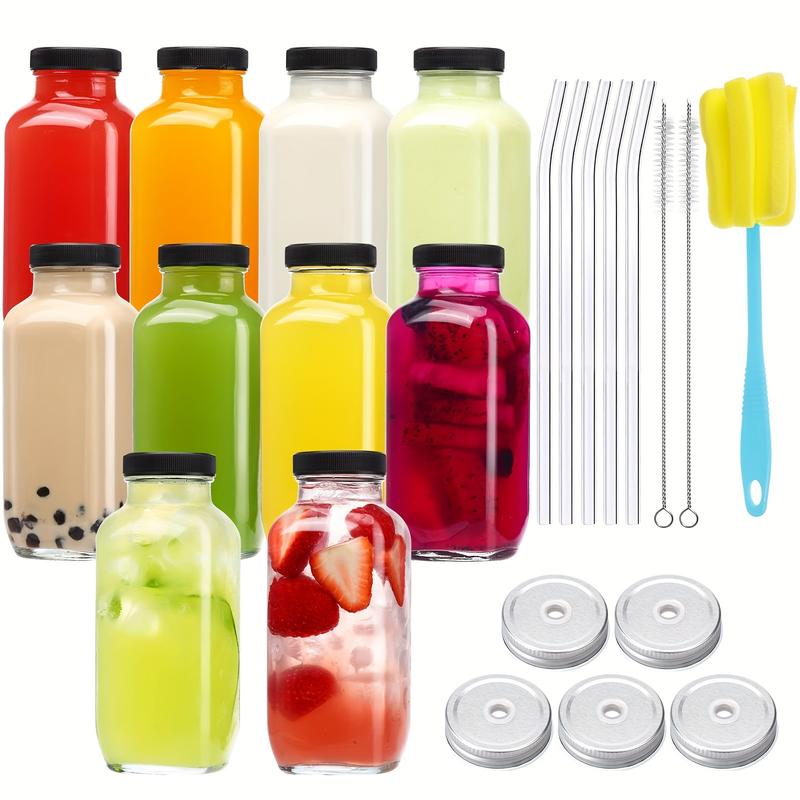 10pcs 16oz Glass Juice Bottles With Lids, Reusable Juice Containers Drinking Jars Water Cups With Brush, Glass Straws, Lids With Hole, For Drinks, Juice, Squeeze, Milk, Coffee, Milkshake, Kombucha, Etc. 6.5×2.6 Inches.