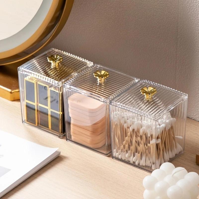 Minimalist Clear Q-tips Storage Box With Lid, 1 Count Desktop Dustproof Makeup Tool Organizer