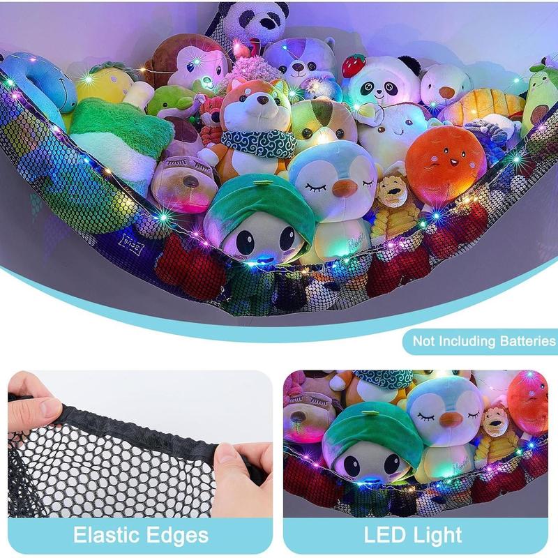 Stuffed Animals Net or Hammock Toy Storage Organizer with LED Light Unicorn Castle Hanging Corner Holder Girls Room Decor Decoration Wall Box Pet