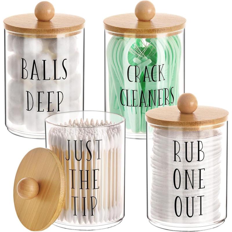 4 Pack Qtip Holder with Bamboo Lids, 10 oz Bathroom Organizer Accessories Storage Containers Clear Plastic Apothecary Jars for Cotton Ball, Cotton Swab, Floss