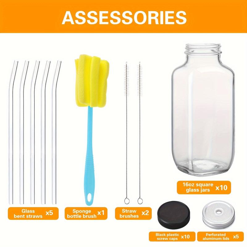 10pcs 16oz Glass Juice Bottles With Lids, Reusable Juice Containers Drinking Jars Water Cups With Brush, Glass Straws, Lids With Hole, For Drinks, Juice, Squeeze, Milk, Coffee, Milkshake, Kombucha, Etc. 6.5×2.6 Inches.