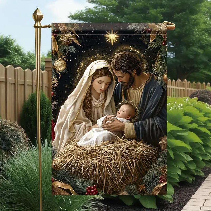 Winter Jesus Nativity Garden Flag, 1 Count Double Sided Garden Flag, Christmas Jesus Nativity Seasonal Holiday Yard Outdoor Decoration