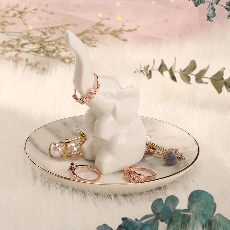 HOME SMILE Elephant Ring Dish Holder for Jewelry,Elephant Gifts for Women Chritsmas,Engagement Wedding Trinket Trays,Ceramic White