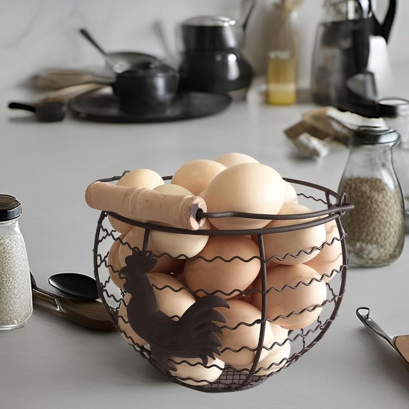 Wire Egg Basket for Gathering Fresh Eggs Collecting Basket with Handle,Rusty Chicken Decorated Small Chicken Egg Basket Vintage Style Eggs Holder Basket Countertop for Farmhouse Kitchen Decor