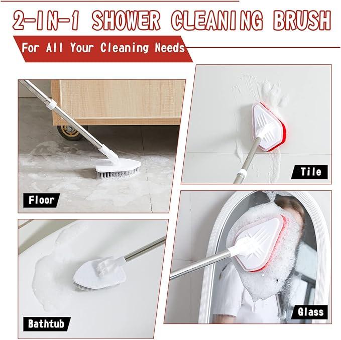 2-in-1 Shower Scrubber for Cleaning with 46'' Long Handle, Fixable Shower Cleaning Brush, Flexible Bathroom Scrubber for Shower Bathroom, Non Scratch Bathtub Scrubber with Microfiber Cloth