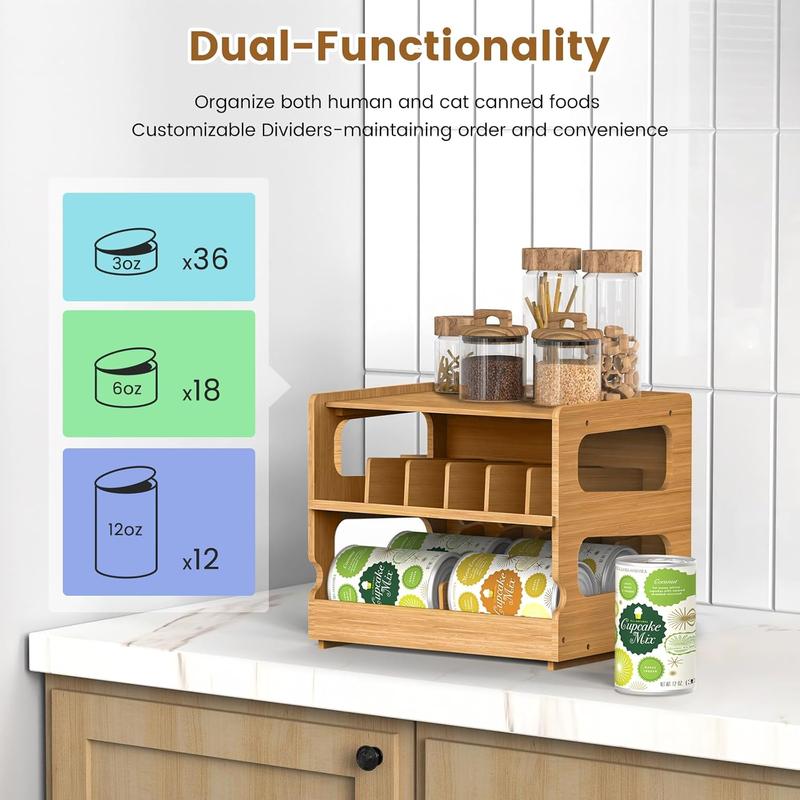 Teamkio 2 Tier Organizer with Dividers for Cabinet   Counter,- Pet Can Organizer,Kitchen, Pantry, Stackable Can Storage Rack with FIFO System