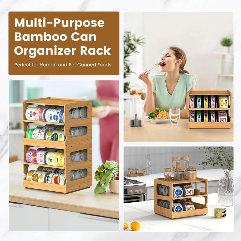 Teamkio 2 Tier Organizer with Dividers for Cabinet   Counter,- Pet Can Organizer,Kitchen, Pantry, Stackable Can Storage Rack with FIFO System