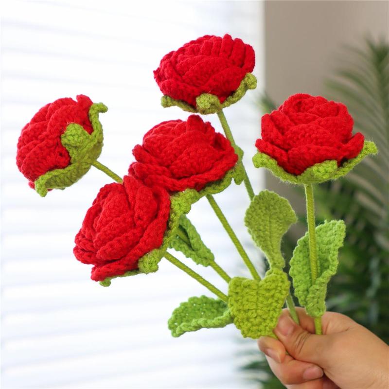 Artificial Rose Flower, 5pcs set Lifelike Fake Decor Floral, Spring Decor 2024 Hand Woven Decoration Plants for Home Wedding Party Festival Holiday DIY, Gift for Mom [without Vase]