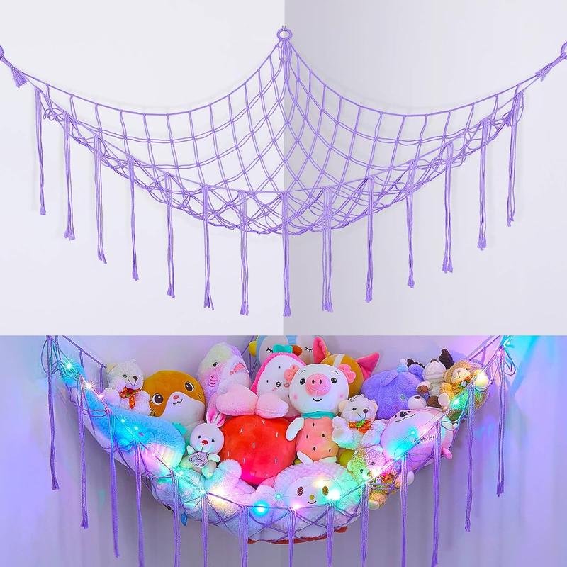 Stuffed Animals Net or Hammock with LED Light, Hanging Stuffed Animals Storage  Hammock Net Corner Wall Girls Room Decor  Storage Organizer (White)