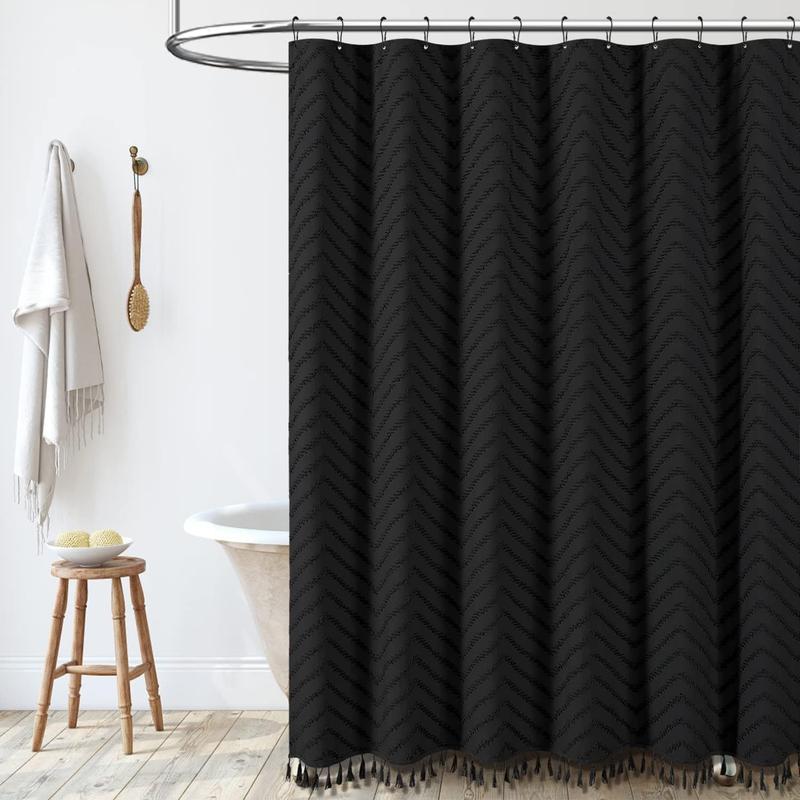 Boho Farmhouse Shower Curtain, Black Fabric Tufted Chevron Striped Textured Tassel Shower Curtains for Bathroom, Water Repellent, Minimalist Ruffled Cloth Shower Curtain Set with Hook, 72x72