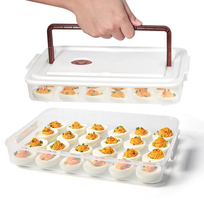 PIUGERU Deviled Egg Containers with Lid, (Set of 2), Plastic Deviled Egg Tray Carrier with Handle for 48 Eggs, Clear Storage Egg Platter for Devil Egg, Fridge Stackable Portable Egg Holder