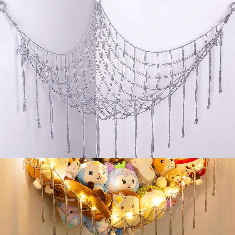 Stuffed Animals Net or Hammock with LED Light, Hanging Stuffed Animals Storage  Hammock Net Corner Wall Girls Room Decor  Storage Organizer (White)