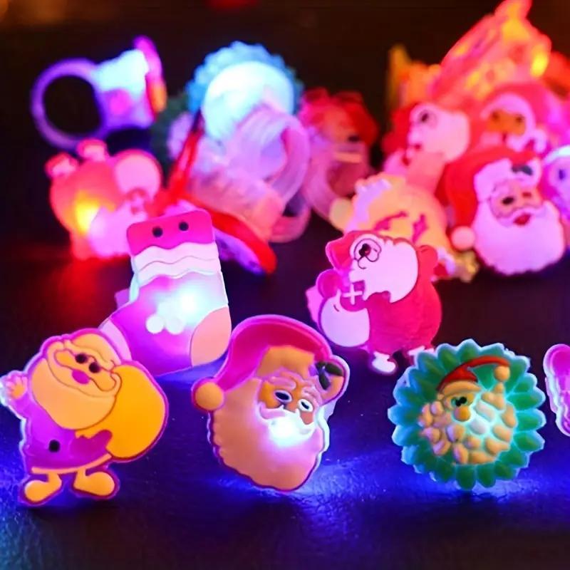 LED Light Up Santa Claus Design Ring, 10pcs set Battery Powered Colorful Glow in The Dark Ring with Battery, Funny Party Decoration Supplies for Boys & Girls