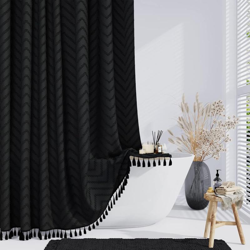 Boho Farmhouse Shower Curtain, Black Fabric Tufted Chevron Striped Textured Tassel Shower Curtains for Bathroom, Water Repellent, Minimalist Ruffled Cloth Shower Curtain Set with Hook, 72x72