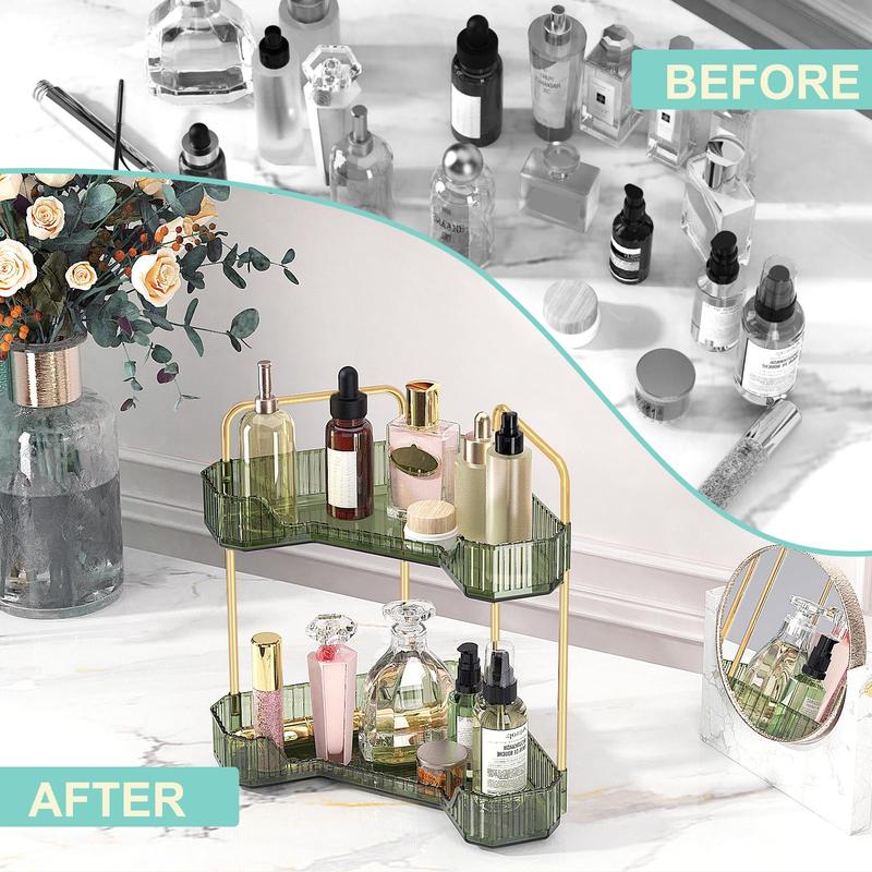 2-Tier Corner Bathroom Counter Organizer, Countertop Perfume Tray and Vanity Organizer,Corner Makeup Storage, Organizer Countertop for Dresser，Spice Rack for Kitchen (Crystal Green)