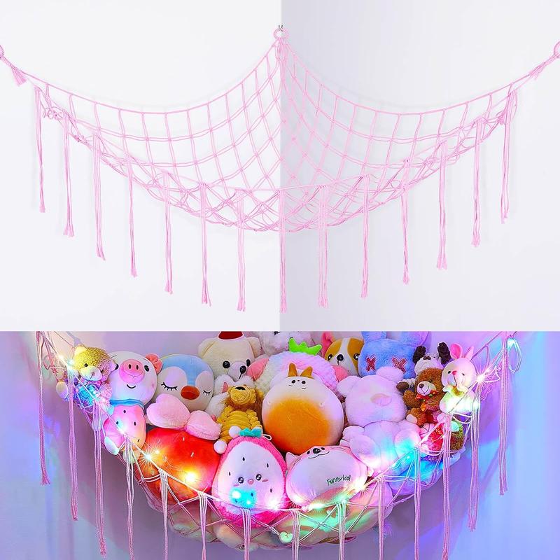 Stuffed Animals Net or Hammock with LED Light, Hanging Stuffed Animals Storage  Hammock Net Corner Wall Girls Room Decor  Storage Organizer (White)