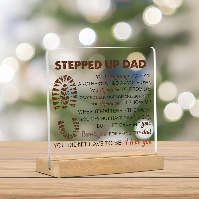 Stepped Up Dad Acrylic Desktop Decoration Sign, 1 Count Clear Acrylic Desktop Ornament with Base, Home Decor for Living Room Bedroom Office