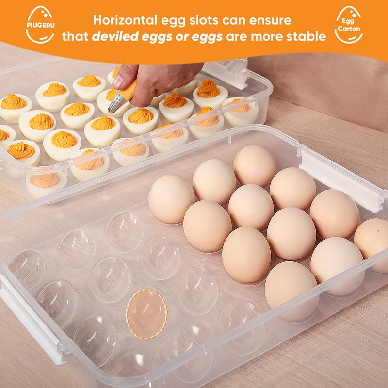 PIUGERU Deviled Egg Containers with Lid, (Set of 2), Plastic Deviled Egg Tray Carrier with Handle for 48 Eggs, Clear Storage Egg Platter for Devil Egg, Fridge Stackable Portable Egg Holder