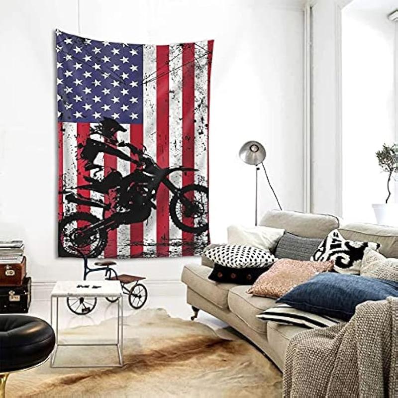 Motocross Dirt Bike American Flag Tapestry Wall Art Wall Hanging Tapestry Wall Tapestry Home Decorations for Bedroom Dorm Living Room Kitchen 60 x 40 inch