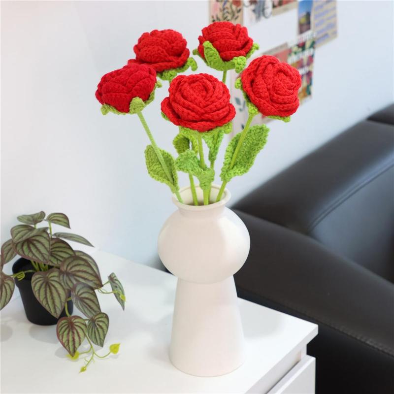 Artificial Rose Flower, 5pcs set Lifelike Fake Decor Floral, Spring Decor 2024 Hand Woven Decoration Plants for Home Wedding Party Festival Holiday DIY, Gift for Mom [without Vase]