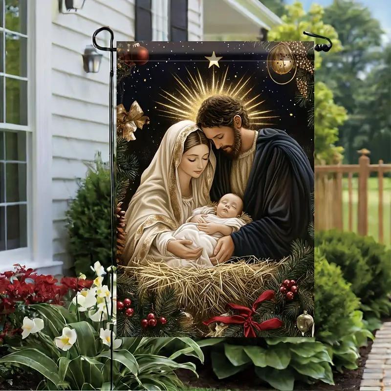 Winter Jesus Nativity Garden Flag, 1 Count Double Sided Garden Flag, Christmas Jesus Nativity Seasonal Holiday Yard Outdoor Decoration